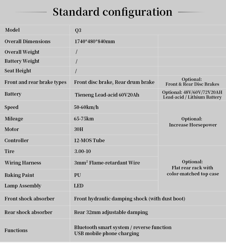 Q3 Electric Scooter 10 Inch, 48V/60V/72V 20AH Lead Acid/Lithium Battery E-Moped, 50-60km/h High Speed Motorcycle with Bluetooth, Reverse Function & Full LED Light